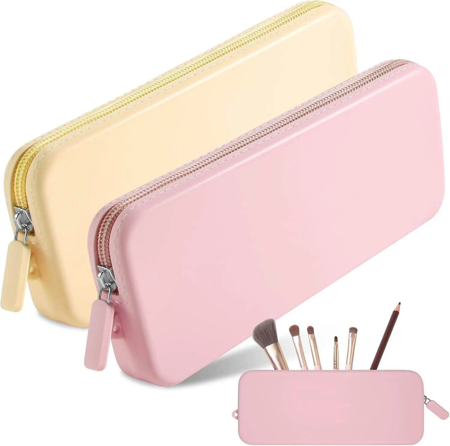 2PCS Travel Makeup Brush Bag,Stylish Silicone Brush Holder,Makeup Tools to Protect Make up Accessories Cosmetics Bag,Easy to Clean Washable Cosmetic Pouch Case (Yellow Pink)