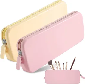 2PCS Travel Makeup Brush Bag,Stylish Silicone Brush Holder,Makeup Tools to Protect Make up Accessories Cosmetics Bag,Easy to Clean Washable Cosmetic Pouch Case (Yellow Pink)