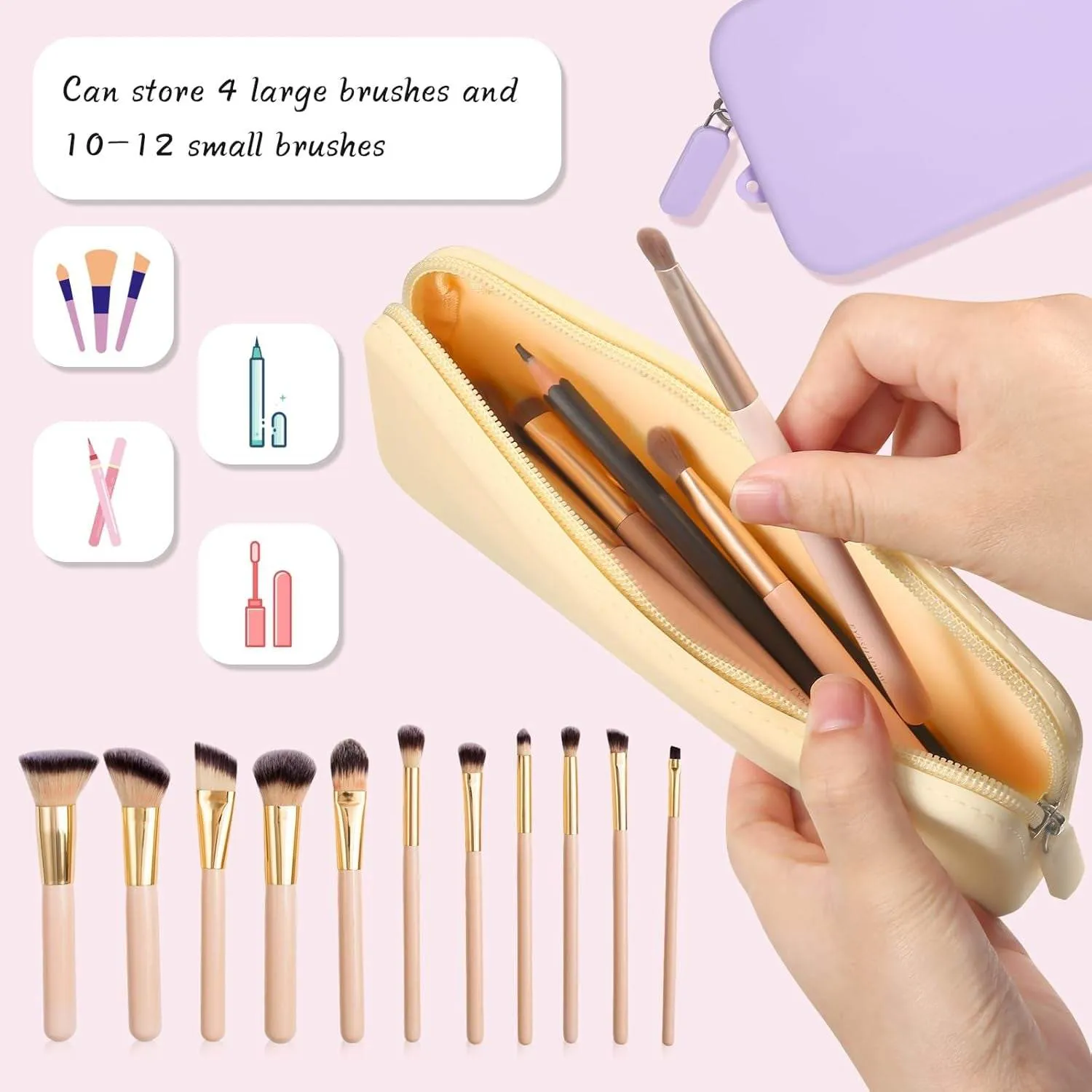 2PCS Travel Makeup Brush Bag,Stylish Silicone Brush Holder,Makeup Tools to Protect Make up Accessories Cosmetics Bag,Easy to Clean Washable Cosmetic Pouch Case (Yellow Pink)