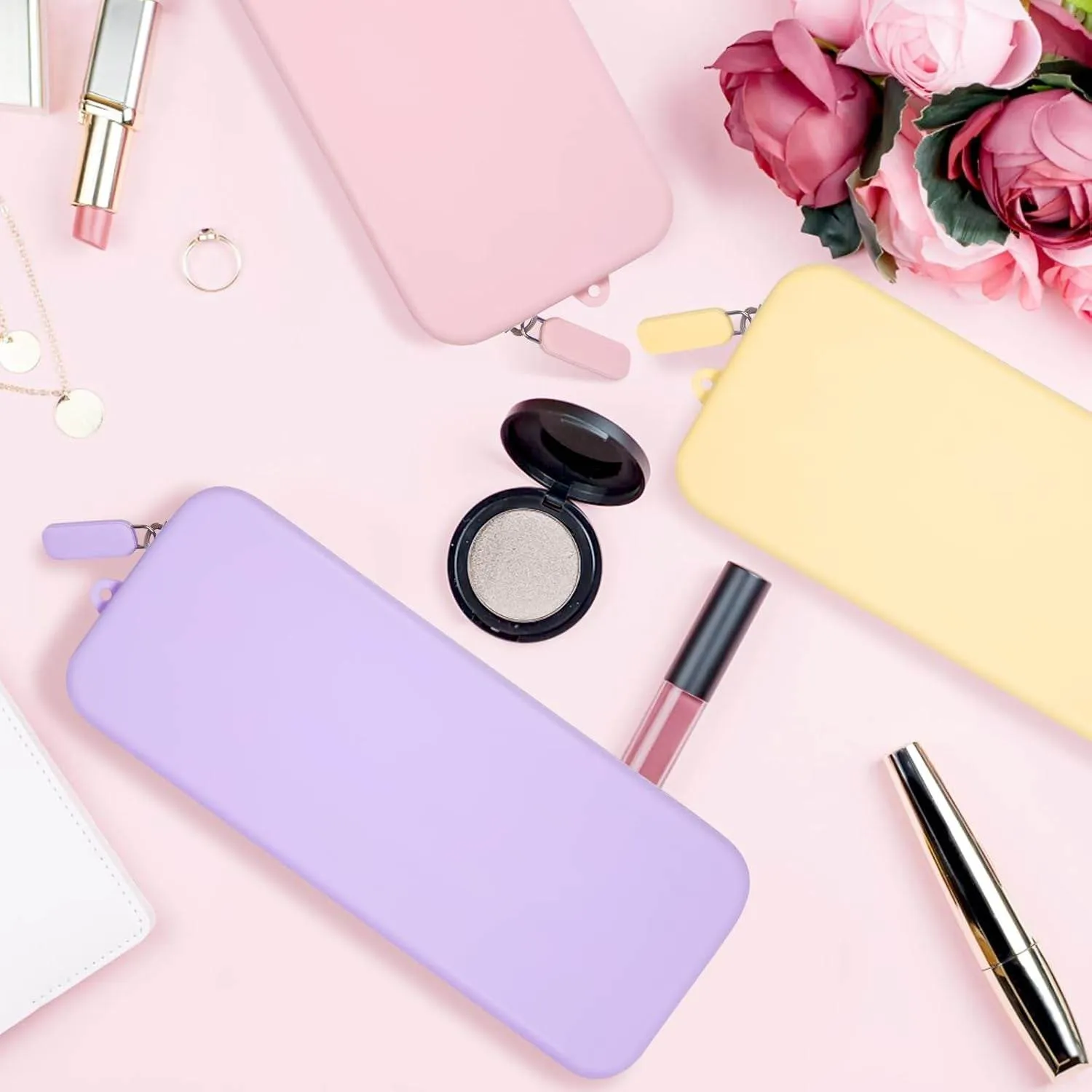 2PCS Travel Makeup Brush Bag,Stylish Silicone Brush Holder,Makeup Tools to Protect Make up Accessories Cosmetics Bag,Easy to Clean Washable Cosmetic Pouch Case (Yellow Pink)