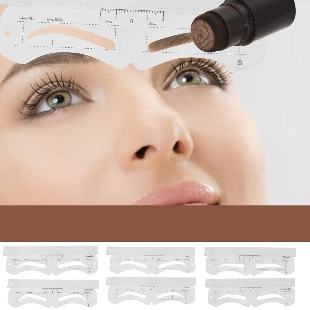 (9-piece set) Eyebrow powder stamp incl. 6 different stencils / eyebrow trimmer / eyebrow brush - brown
