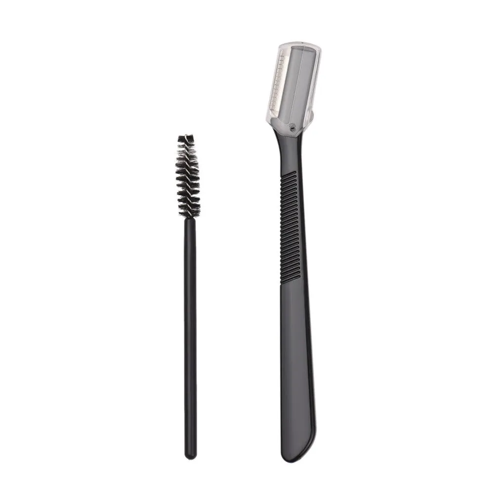 (9-piece set) Eyebrow powder stamp incl. 6 different stencils / eyebrow trimmer / eyebrow brush - brown