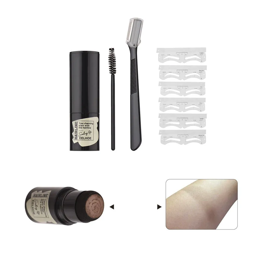 (9-piece set) Eyebrow powder stamp incl. 6 different stencils / eyebrow trimmer / eyebrow brush - brown