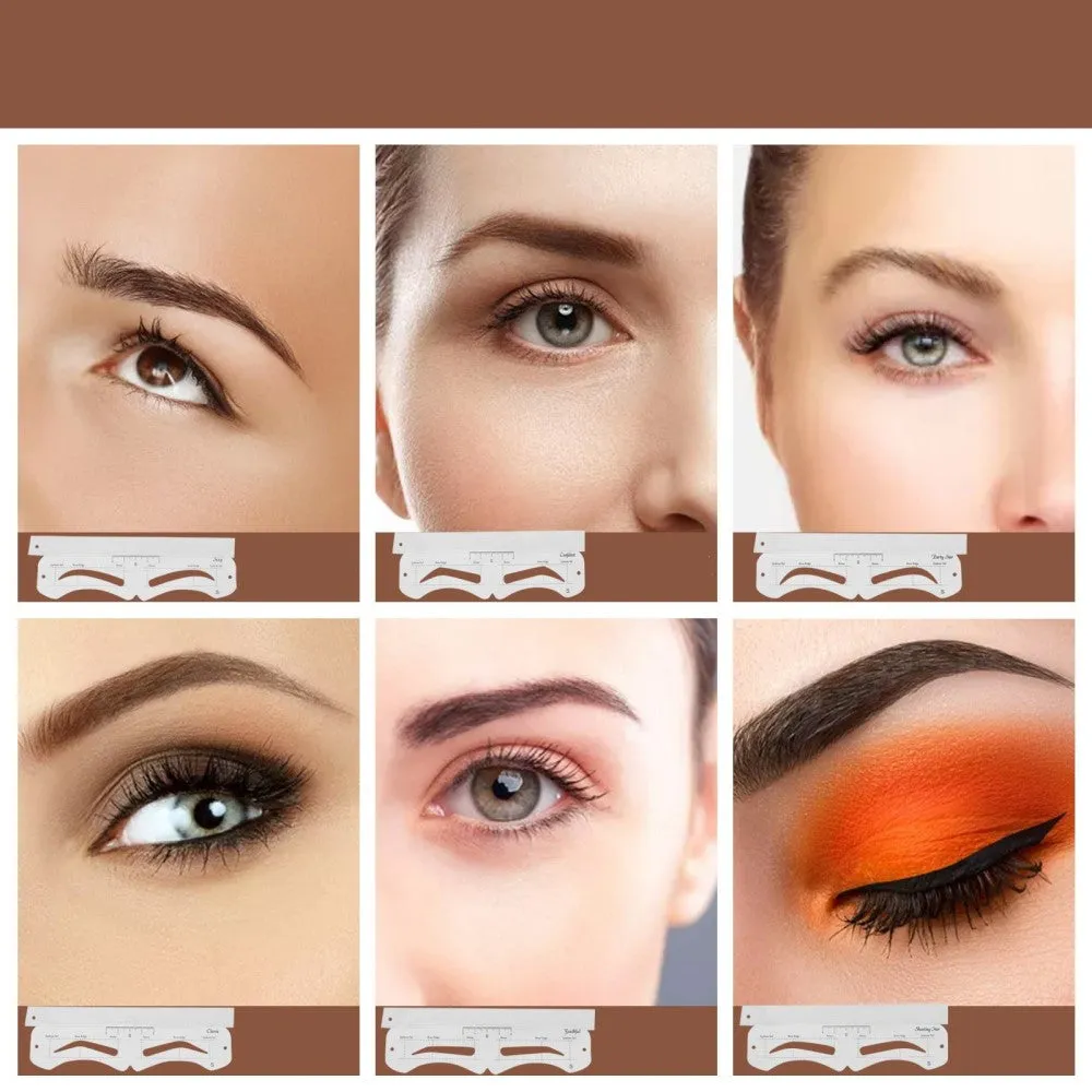 (9-piece set) Eyebrow powder stamp incl. 6 different stencils / eyebrow trimmer / eyebrow brush - brown