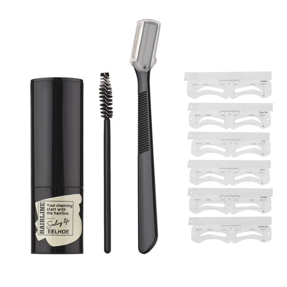 (9-piece set) Eyebrow powder stamp incl. 6 different stencils / eyebrow trimmer / eyebrow brush - brown