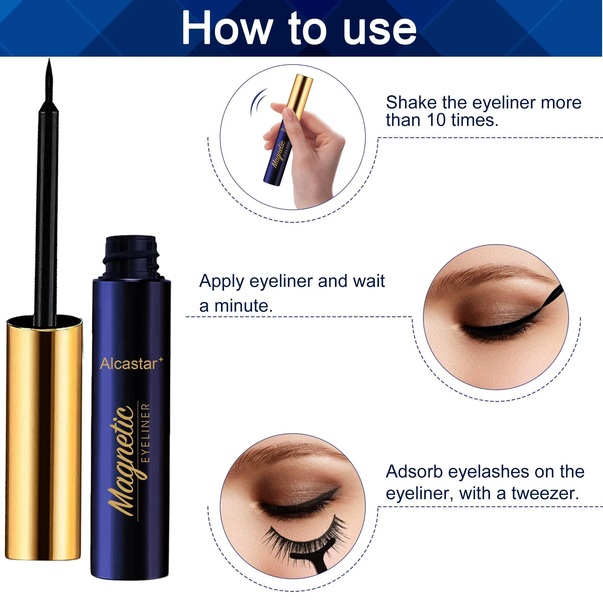 Alcastar Magnetic Eyelashes and Eyeliner Kit,Magnetic Lashes Natural Looking with Eyeliner,Magnetic Eyelash With Applicator,Waterproof, Long Lasting,Cruelty Free.（1 black 1brown)