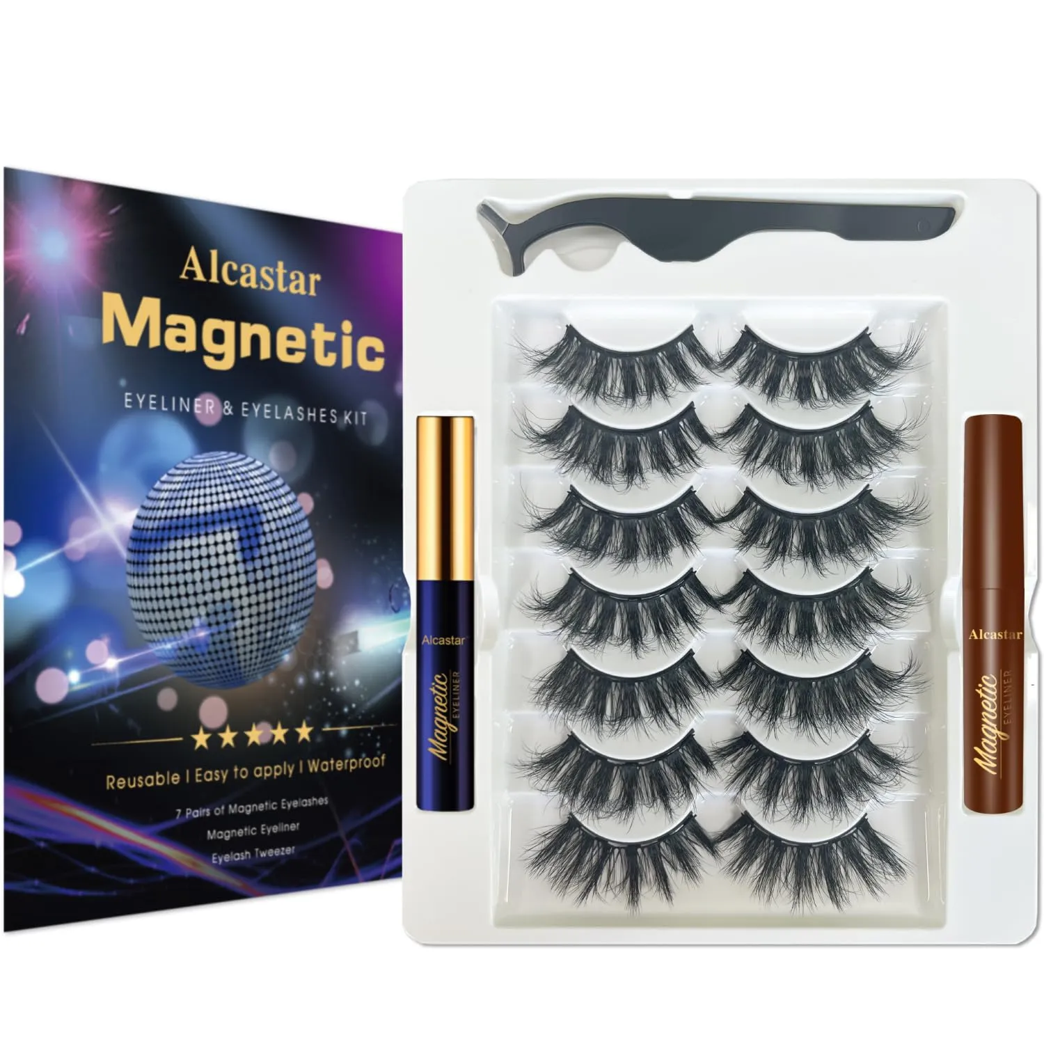 Alcastar Magnetic Eyelashes and Eyeliner Kit,Magnetic Lashes Natural Looking with Eyeliner,Magnetic Eyelash With Applicator,Waterproof, Long Lasting,Cruelty Free.（1 black 1brown)