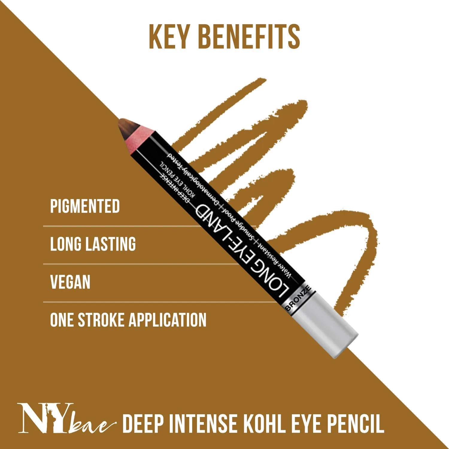 NY Bae Long Eye-Land - Bronze - (2.5 g) | Deep Intense Kohl Eye Pencil | Shimmer Finish | Enriched with Vitamin E & Castor Oil | Super Pigmented | Long lasting | One Stroke Application | Vegan
