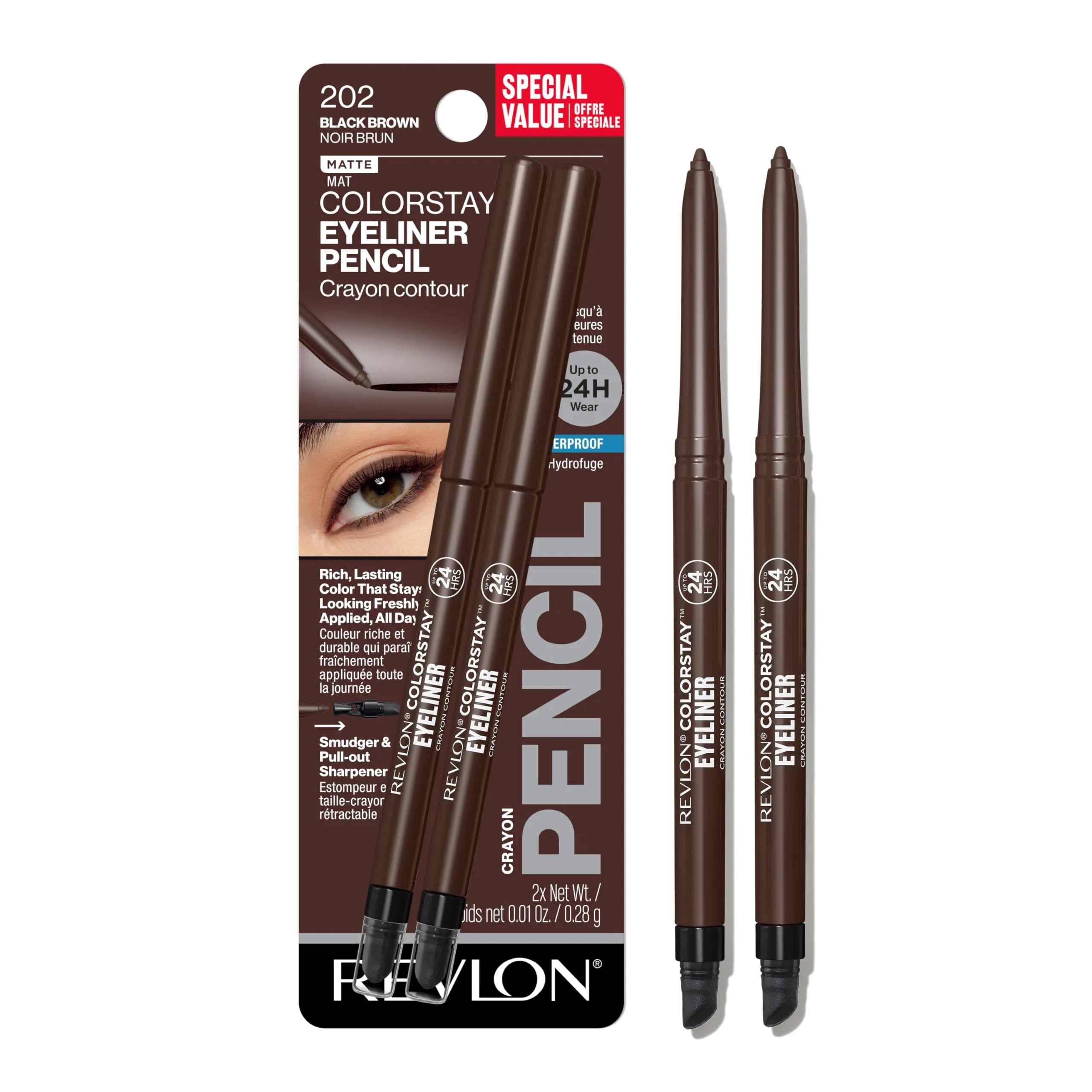 Revlon ColorStay Pencil Eyeliner with Built-in Sharpener, Waterproof, Smudgeproof, Longwearing Eye Makeup with Ultra-Fine Tip, 202 Black Brown, 2 Pack