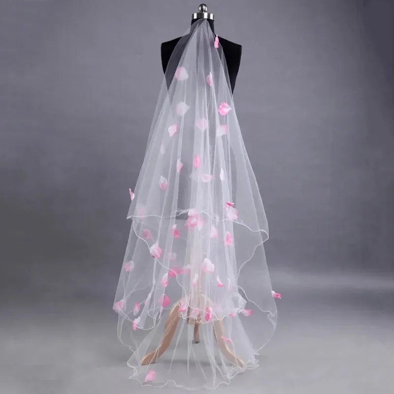 Rose Petal Accent Chapel Length Wedding Veil w/ Blusher